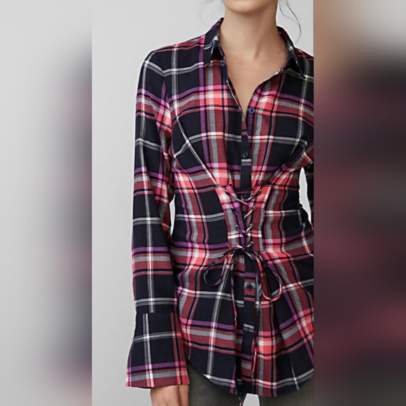 Express Tops - EXPRESS Pink Purple Plaid Flannel Corset Lace-Up Button-Down Shirt Size Small